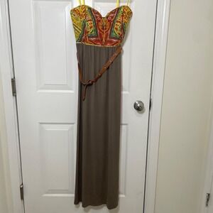 Nine West Maxi Dress Womens 14 Brown Paisley Strapless Studded Belt Boho Western
